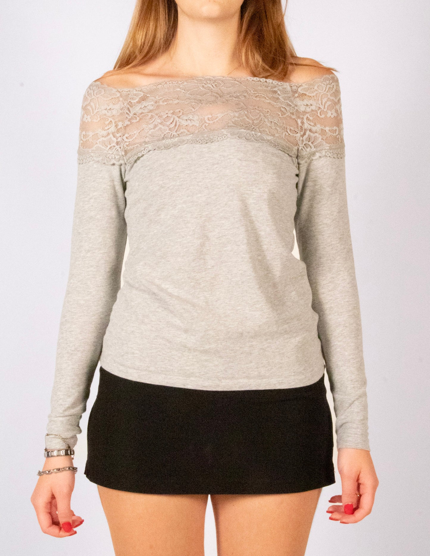 Grey Lace Off-The-Shoulder Top