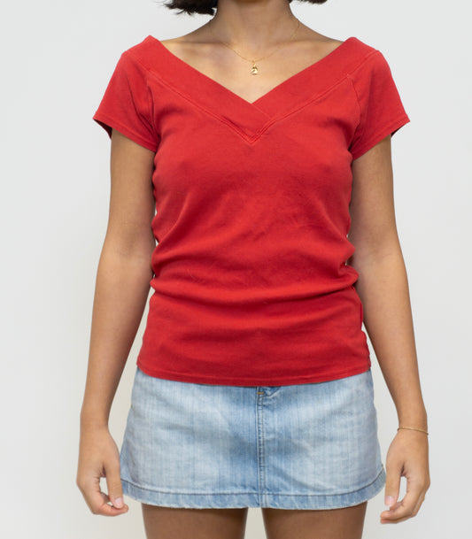 Red Wide V Neck Top