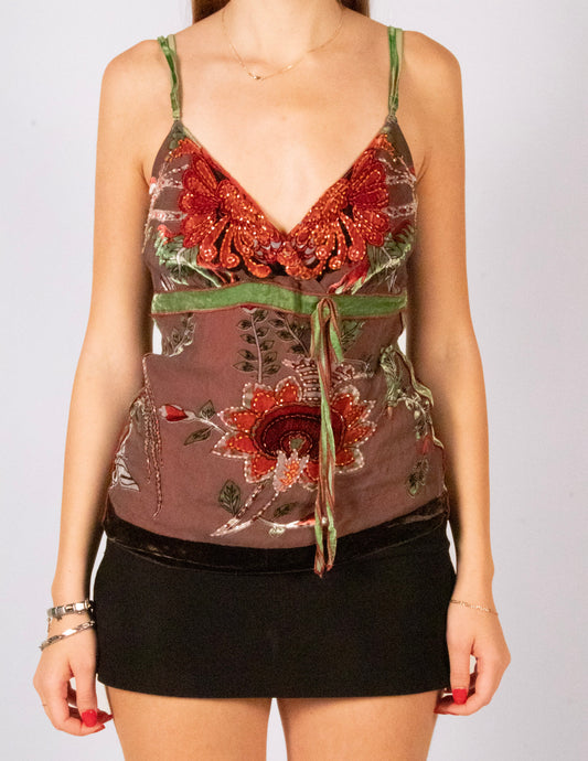 Brown Floral Bejewelled Top