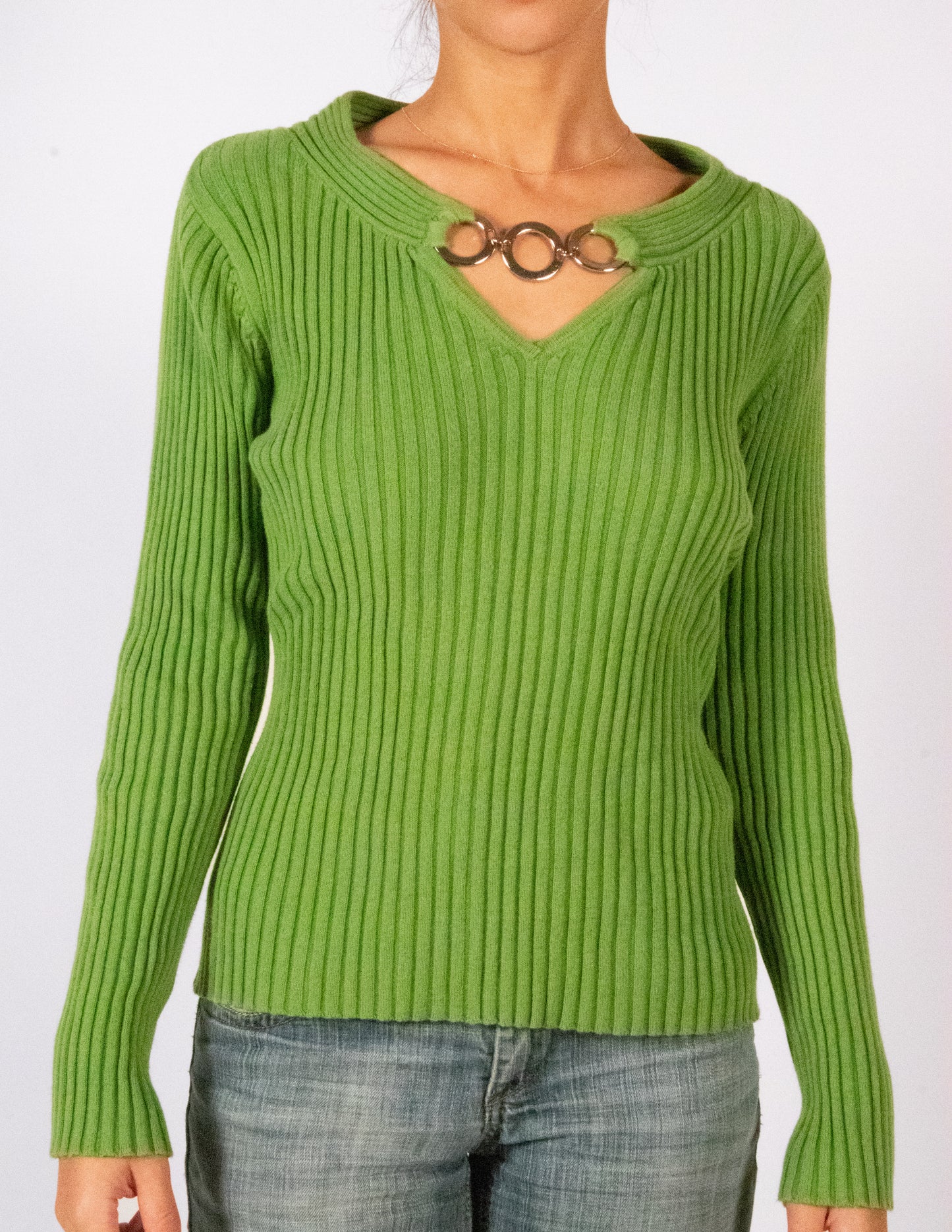 Green Silver Details Long Sleeve Sweater