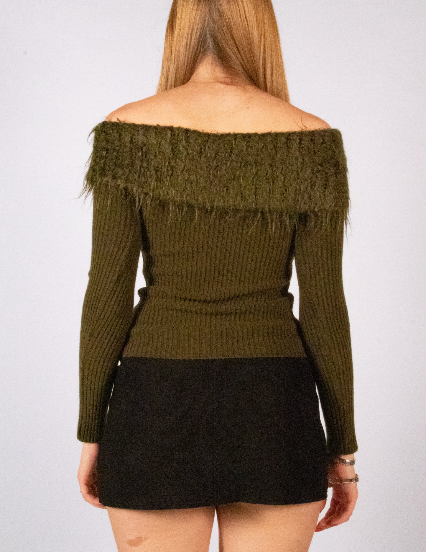 Green Furry Off-The-Shoulder Sweater