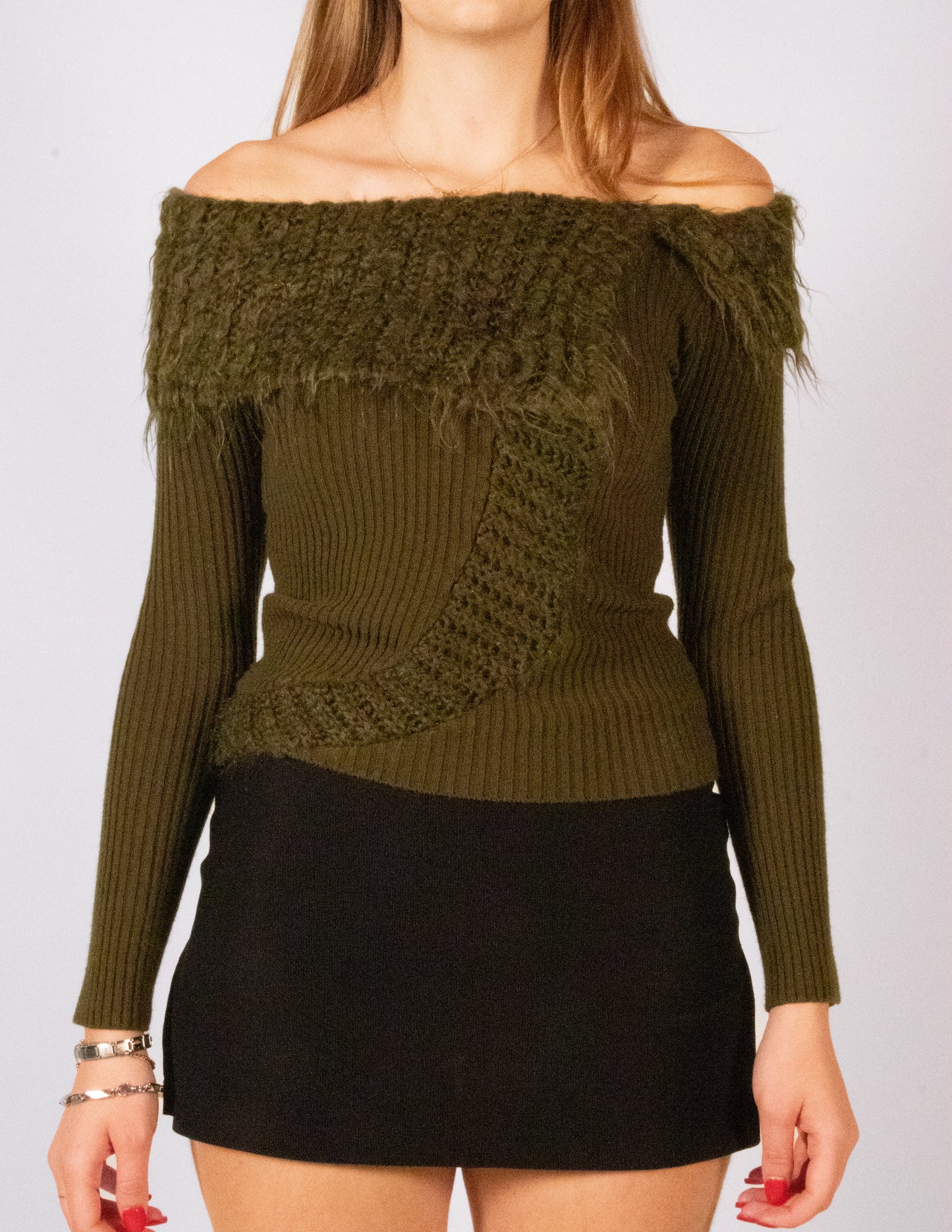 Green Furry Off-The-Shoulder Sweater